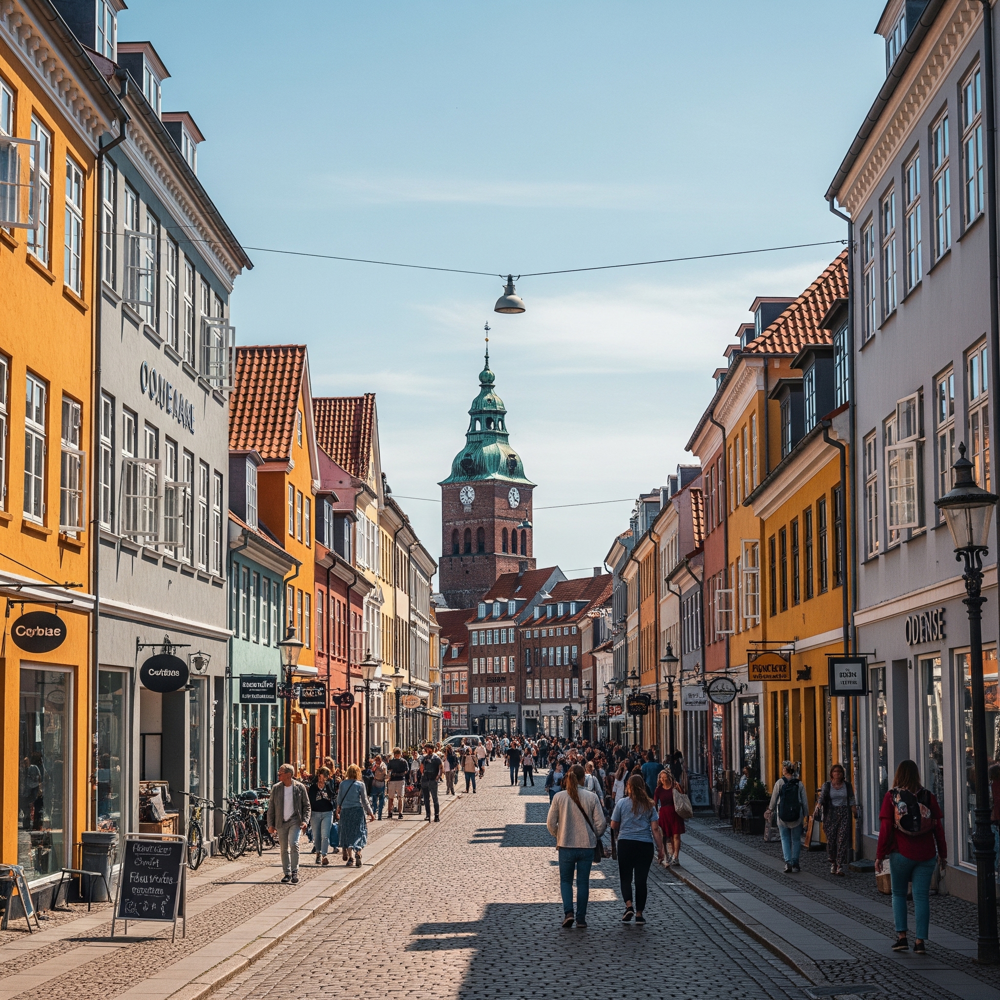 Fyn - Odense gågade med farverige bygninger