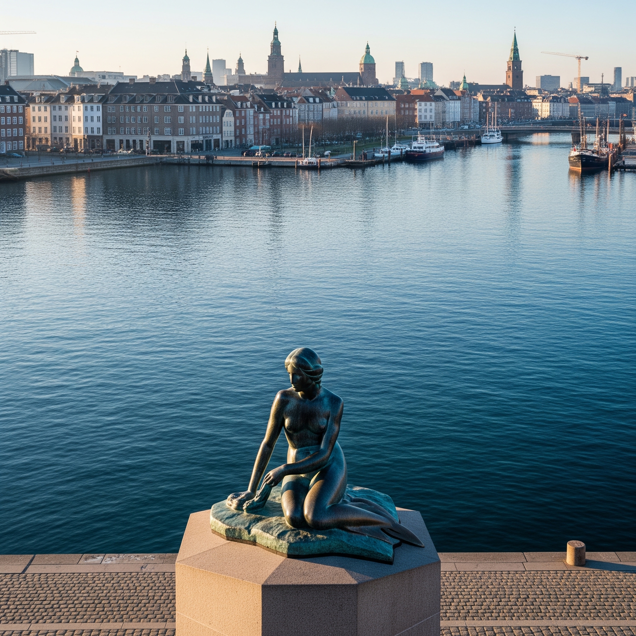 København havn med Den Lille Havfrue og byens skyline